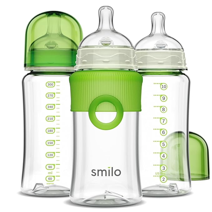 Smilo Baby Bottle Set with Stage 0 Slow Flow Anti Colic Nipple, 10 Oz / 300 ml Capacity, 3X Pack of Anti Colic Baby Bottles 0-3 Months - Glow in The Dark