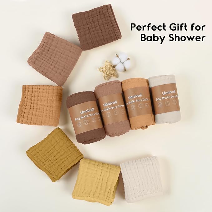 Muslin Burp Cloths for Baby 100% Cotton Burping Cloths for Boys Girls Large 20''X10'' Extra Soft and Absorbent 12 Pack - Gradient Brown