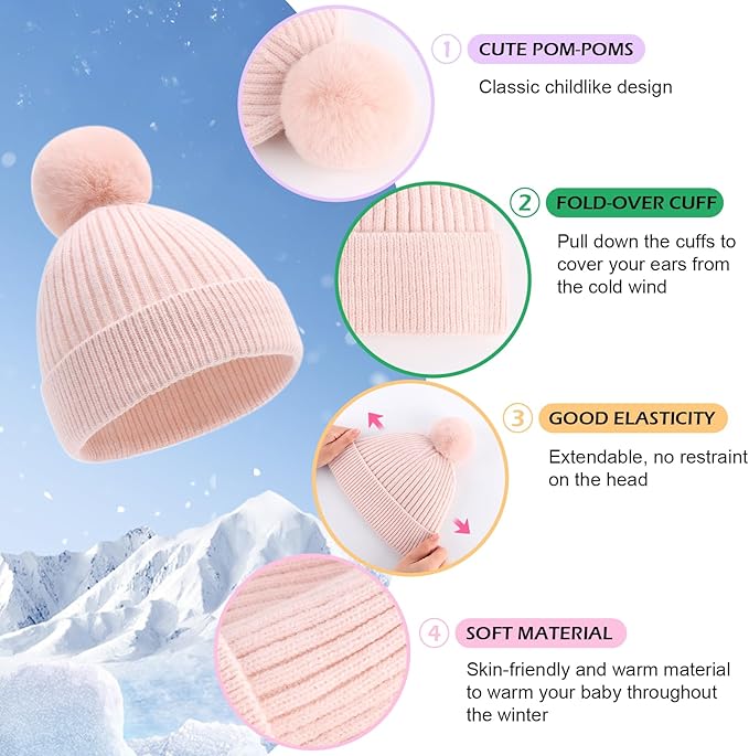 Girls Winter Hat Warm Toddler Beanie with Pom Pom Winter Hats for Baby and Kids