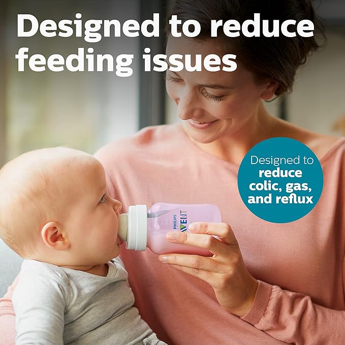 Philips Avent Anti-Colic Baby Bottle with AirFree Vent, 9oz, with Flow 2 Nipples, 1m+, Pink, SCY703/14 (Pack of 24)