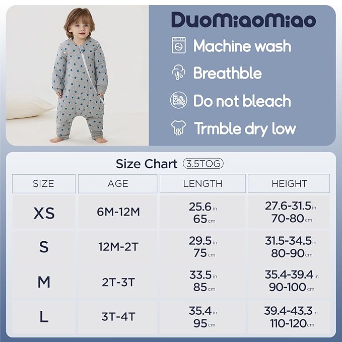 Duomiaomiao 3.5 TOG Toddler Sleep Sack 3-4T 100% Cotton Winter Side Open Zipper Baby Sleep Sack with Feet, Warm Toddler Wearable Blanket