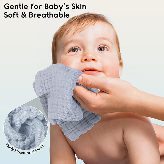 Muslin Baby Washcloths 6 Pack, 100% Cotton Wash Cloths for Babies, Large 12''X12'' Burp Cloths Absorbent and Soft for Newborn Infants Kids Boys Girls - Gradient Blue