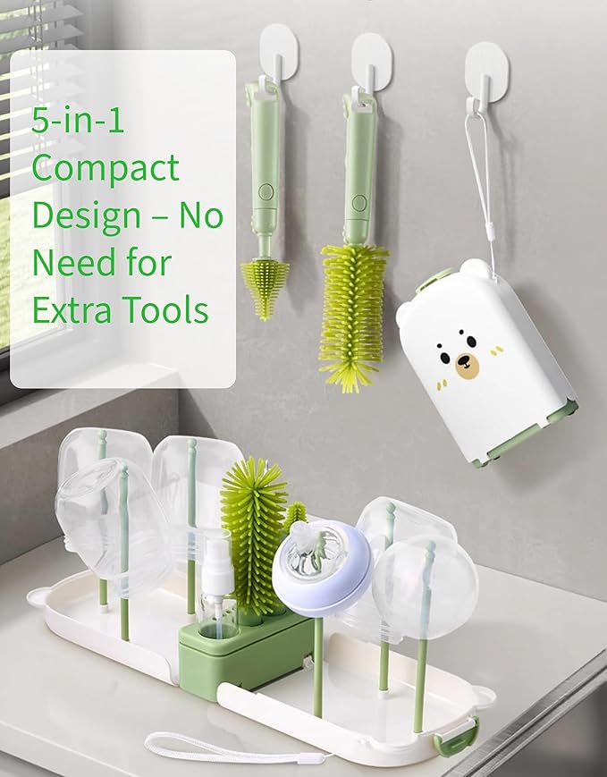 Travel Bottle Cleaner kit, 7in1 Baby Toddler Travel Essential Silicone Bottle Brush Set, Nipple, Drying Rack, Straw, & Breast Pump Cleaning, Soap Dispenser & Organizer Case, Gift for Mom