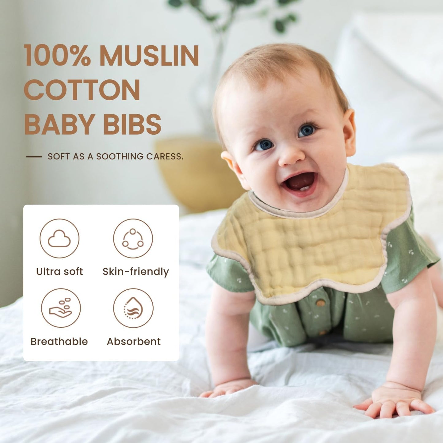 MUKIN Baby Drooling Towel, Snap Bibs, Muslin Bibs, 6 Pack, Adjustable, Soft Cotton