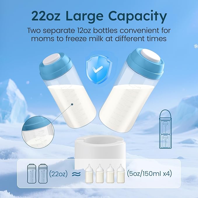 Portable Breast Milk Cooler for Travel, 22oz Large Capacity Breastmilk Chiller for Working Moms, 360° Cooling Keeps Milk Chilled 24 Hours, Includes 2 Baby Bottles, Breastfeeding Essentials