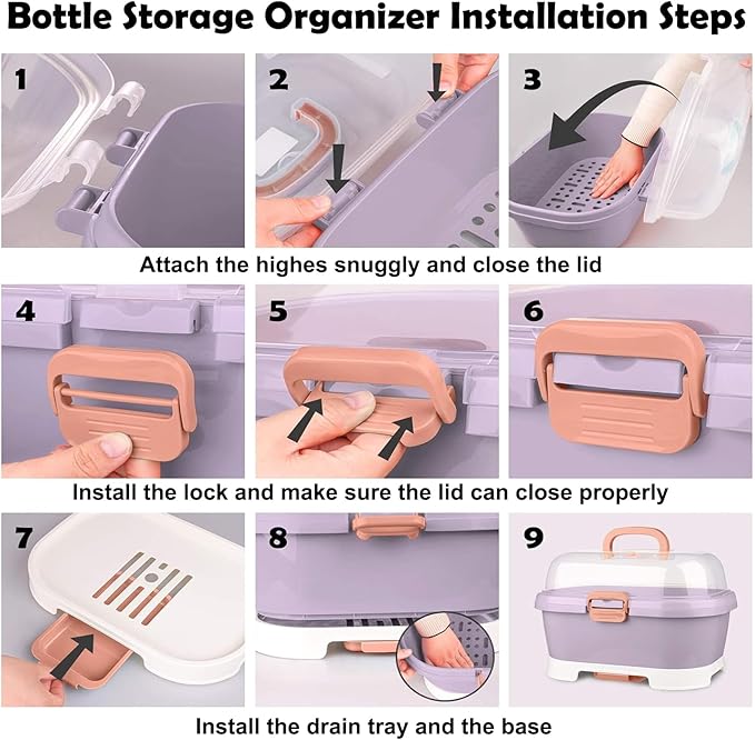 Baby Bottle Organizer for Storage, Baby Bottle Storage Large Capacity with Lid Cover Anti-Dust Protection and Cutlery Storage Drying Rack Portable Large Capacity Bottle Organizer Baby (purple)