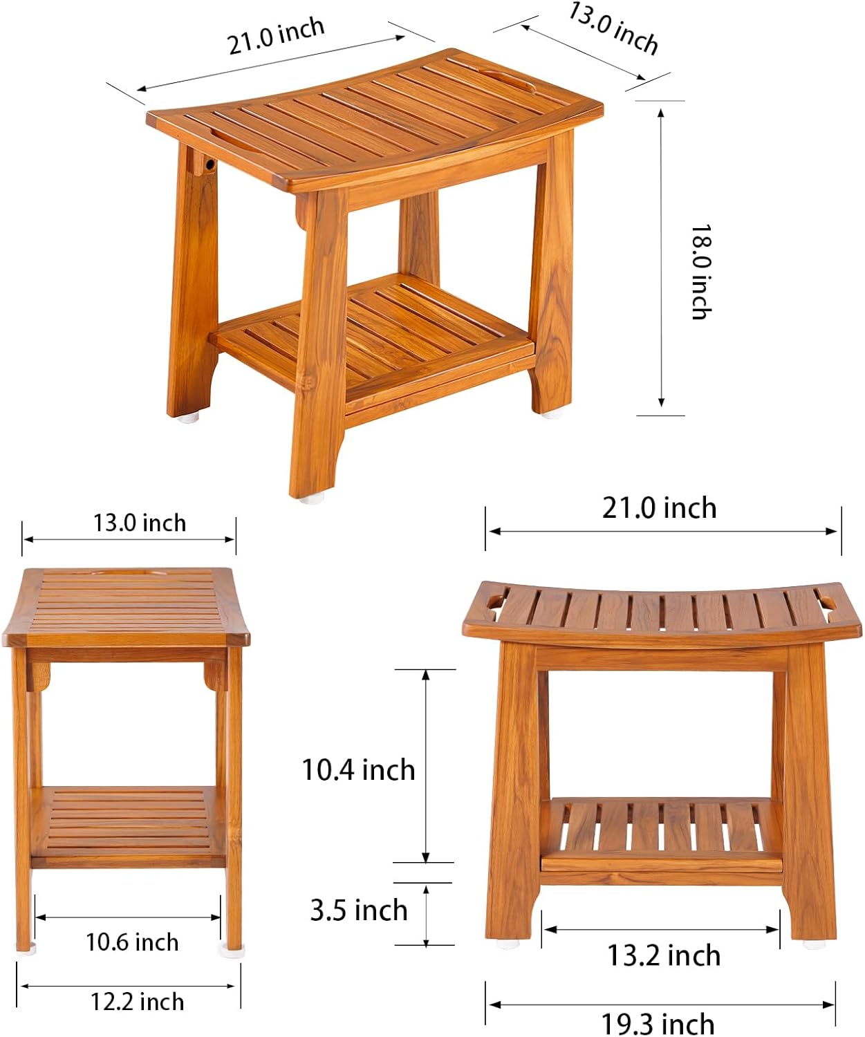 21" Standard Teak Shower Bench with Shelf & Handle - Waterproof, Non-Slip Bath Stool, 300 lbs Capacity - Fits Standard Tubs/Showers & Outdoor Use (Patented)