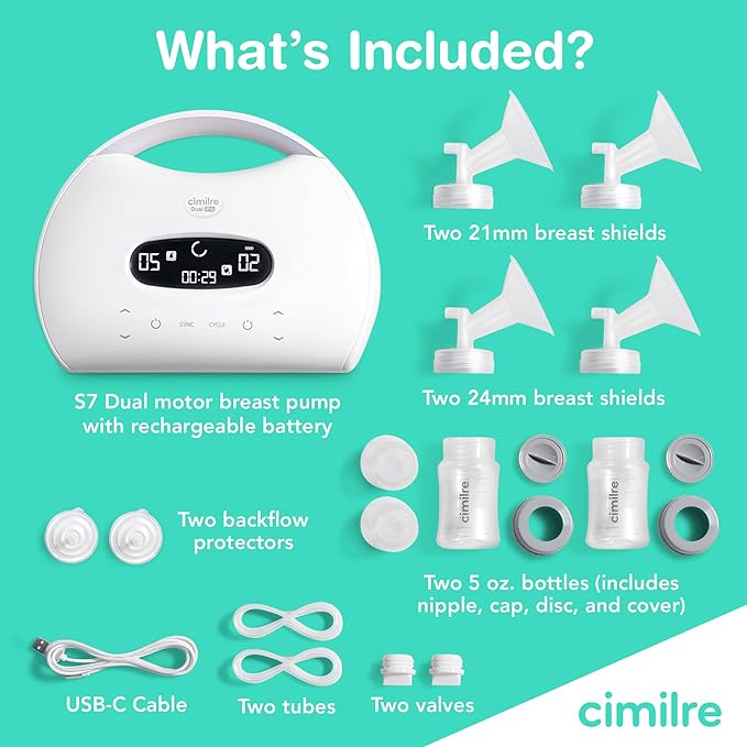 Cimilre S7 Dual Pro Rechargeable Breast Pump & Breast Milk Storage Bags Bundle – Hospital Strength Double Electric Pump with 120 Leak-Proof 7oz Bags