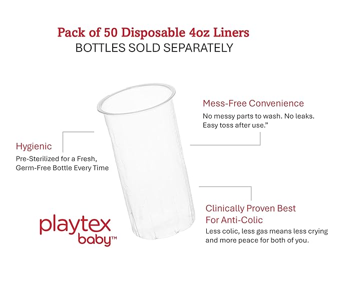 Playtex Baby Nurser Pre-Sterilized Disposable Drop-Ins Baby Bottle Liners, 4 Oz (50 Count), Anti-Colic, Gas Reduction, Easy to Clean, Closer to Breastfeeding, Perfect for Travel and On The Go