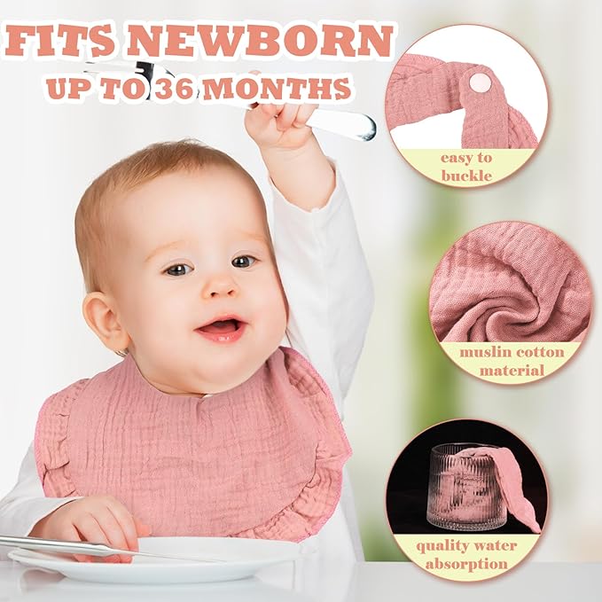 Seematn 10 Pcs Baby Muslin Bibs Drool Bibs Bandana Ruffle Soft Cotton for Newborn Baby Infants Girl Teething Toddlers Boy(Pink, White)