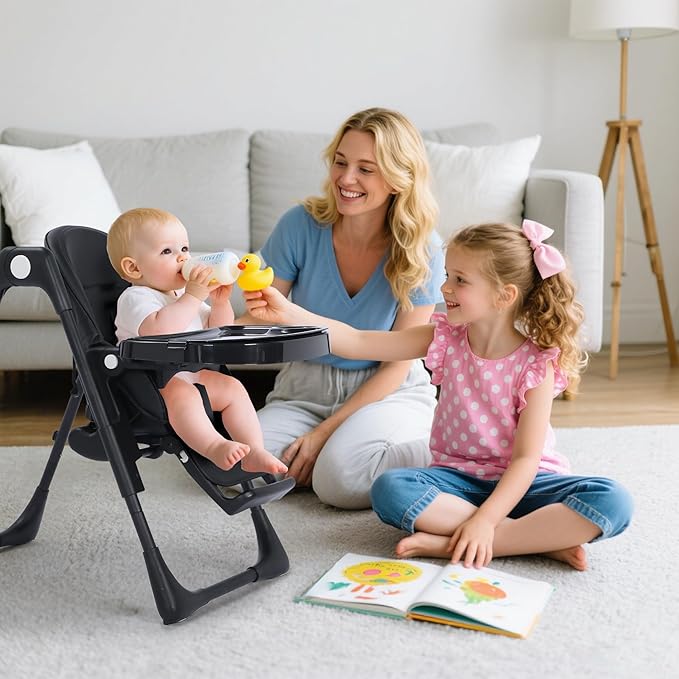3 in 1 Foldable Baby High Chair, Infant High Chairs for Babies and Toddlers, 6 Height & 5 Recline Adjustable Toddler Feeding Chair, 2 Tray Depth & 3 Footrest Angles, 2 Built-in Wheels, Black