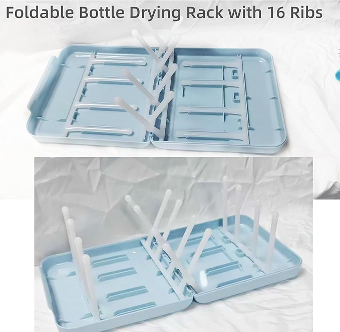 Travel Bottle Drying Rack Space Saving,Foldable Bottle Drain Rack with 16 Ribs,Portable Baby Bottle Drying Rack for Bottles,Breast Pumps and Other Feeding Accessories,Widely Used Daily Basis