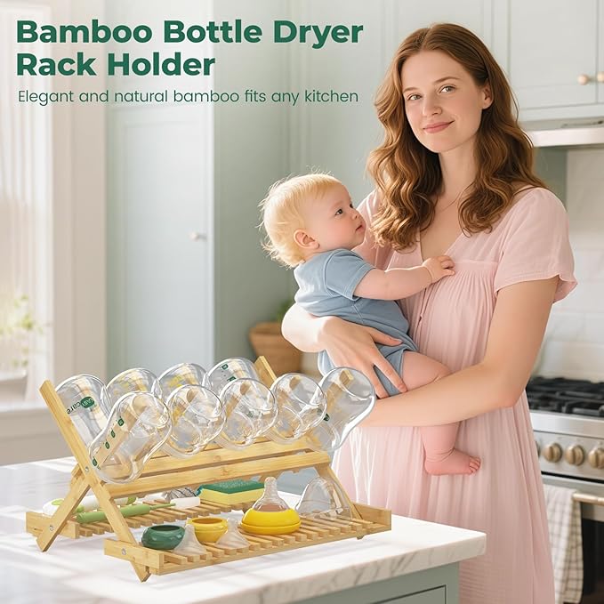 EsLuker.ly Baby Bottle Drying Rack, Bamboo Vertical Dryer Holder Organizer for Kitchen Countertop, Space Saving Foldable Baby Glass Milk Bottle Drain Storage Shelf for New Parents Family, No Assembly
