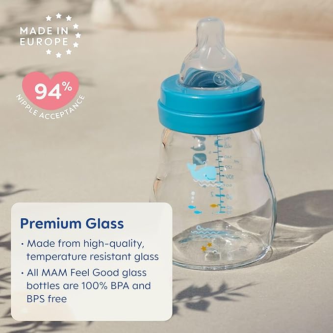 MAM Premium Glass Baby Bottles, Easy Switch Between Breast and Bottle, Feel Good Medium Flow, Newborn Essentials Must Have, 2+ Months, BPA Free, 9oz, Boy, 3pack