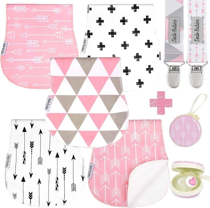 Dodo Babies Burp Cloths for Babies 5-Pack - 19 x 9 in - Pink & White - 5 Contoured Cloths, 2 Pacifier Clips & Case - Soft Cotton & Fleece Absorbent Design - Girls & Boys