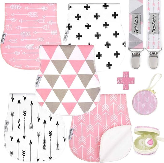 Dodo Babies Burp Cloths for Babies 5-Pack - 19 x 9 in - Pink & White - 5 Contoured Cloths, 2 Pacifier Clips & Case - Soft Cotton & Fleece Absorbent Design - Girls & Boys