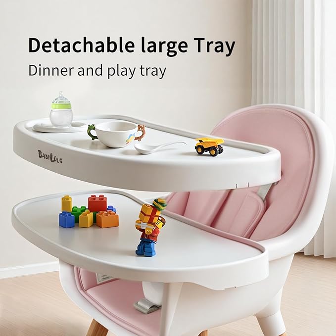 Baby High Chair, Wooden Highchair with Removable Tray, Adjustable Legs, Cushion, 5-Point Harness and Footrest for Infants, Baby, Toddlers, Pink