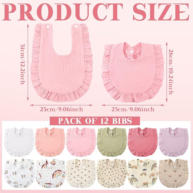 Geyoga 12 Pack Muslin Baby Bibs Adjustable Bandana Drool Bib for Unisex Cotton for Infants Boys Girls Teething