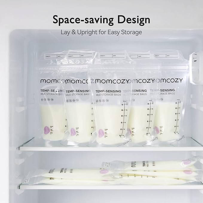 Momcozy Breastmilk Storing Bags, Temp-Sensing Discoloration Milk Storing Bags for Breastfeeding, Disposable Milk Storage Bag with 6 Ounce Self Standing, No-Leak Milk Freezer Storage Pouches, 50pcs