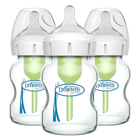 Dr. Brown's Natural Flow Anti-Colic Options+ Wide-Neck Glass Baby Bottles 5 oz/150 mL, with Level 1 Slow Flow Nipple, 3 Pack, 0m+