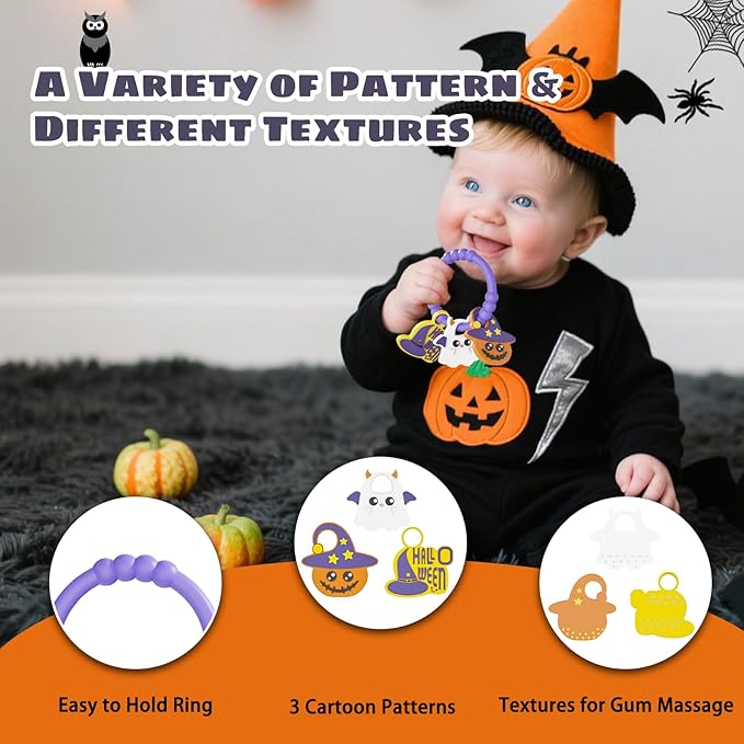 Halloween Baby Teething Bracelet with 3pcs Teether-Soft Pumpkin, Ghost&Witch Hat Textured Silicone Teether for 0-12months, Baby Sensory Chew Teething,Sensory Chew Bracelet for Baby’s First Halloween