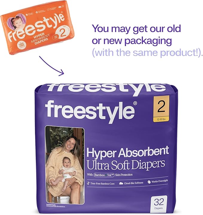Freestyle BambooTek Diapers – (Size 2) Hyper Absorbent & Non-Toxic – Disposable Diapers for Sensitive Skin – Ultra Soft Diapers (12-18 lbs) – 192 Count