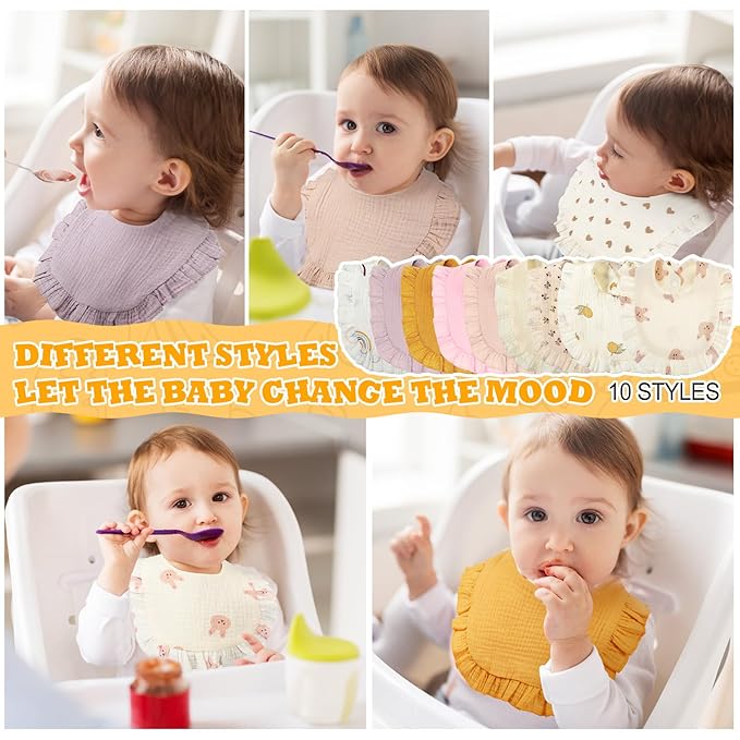 Mepase 10 Pcs Large Muslin Baby Girl Bibs Drool Teething Bibs Lap Shoulder for Boy Girls Teething(Vivid Colors)