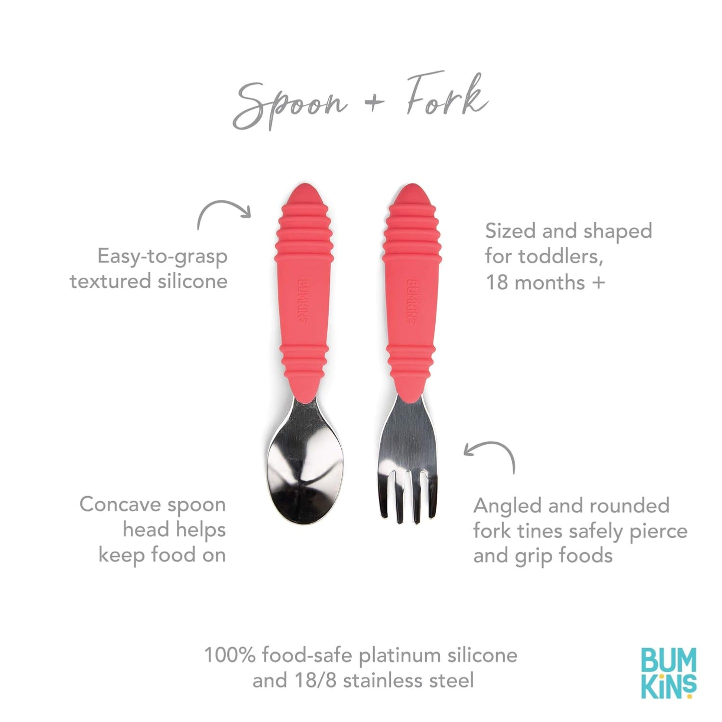 Bumkins Toddler Utensils, Kids Size Fork and Spoon Set, Silicone and Stainless-Steel Training Silverware, Angled Forks / Sporks for Self-Feeding, Children Hold Learning to Eat, 18 Months Up, Red