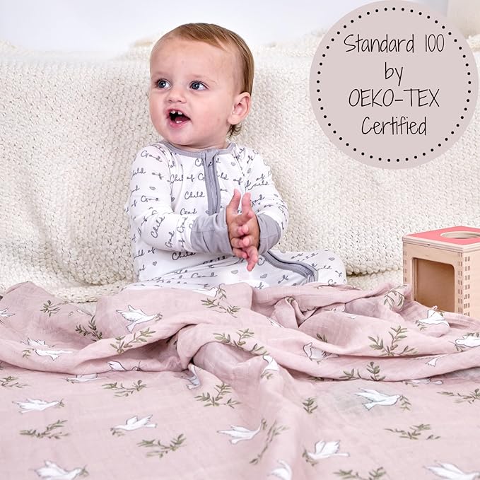 LollyBanks Baby Blanket, 100% Cotton Muslin Swaddle, Soft 47 x 47 Inches for Girls, Nursery Essentials, Registry (Dove Print)