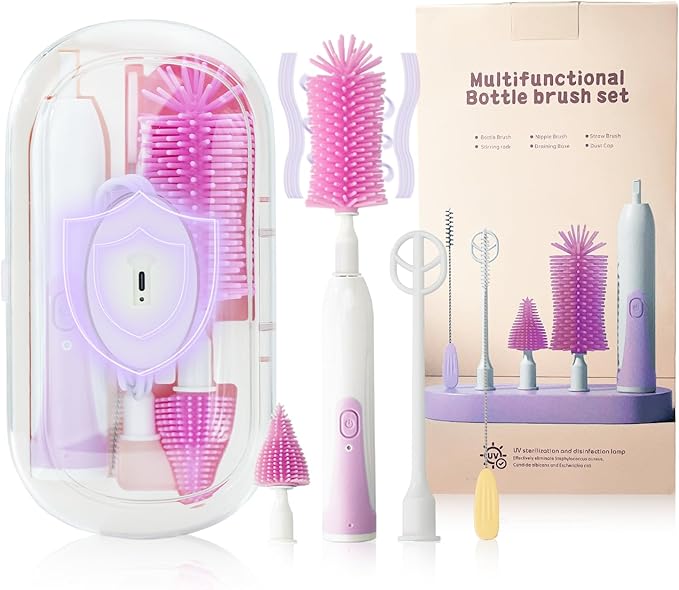 Electric Bottle Brush Set with Silicone Pacifier/Straw Brush and Mixing Head, Water Bottle Cleaner with Drying Rack, 2 Modes & 360 Rotation (Purple)