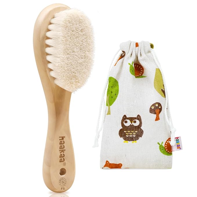 haakaa Wooden Baby Hair Brush for Newborns and Toddlers Baby Brush Natural Soft Wool Bristles Hairbrush, Ideal for Cradle Cap, Perfect Baby Registry Gift with Carry Pouch, 1PC