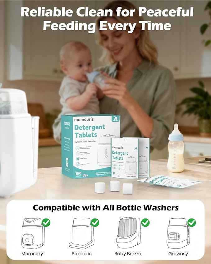 150PCS Official Detergent Cleaning Tablets: for Baby Brezza Grownsy Papablic Momfann Bottle Washer - Baby Bottle Washer Tablets for All Brands Bottles Washers Machines