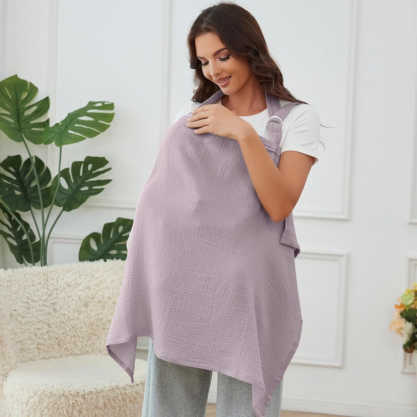 Nursing Cover for Baby Breastfeeding with Rigid Hoop, Breathable Soft 100% Muslin Cotton, Baby Breast Feeding & Pumping Apron (Light Purple)