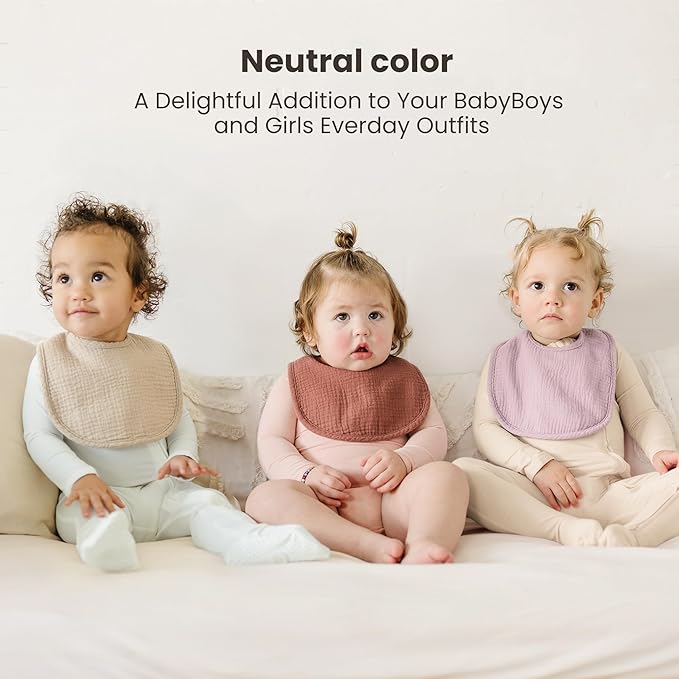 Konssy 10-Pack Muslin Baby Bibs, Soft Cotton Bandana Bibs for Drooling & Teething, Unisex Solid Colors for Boys & Girls, Newborn & Infant