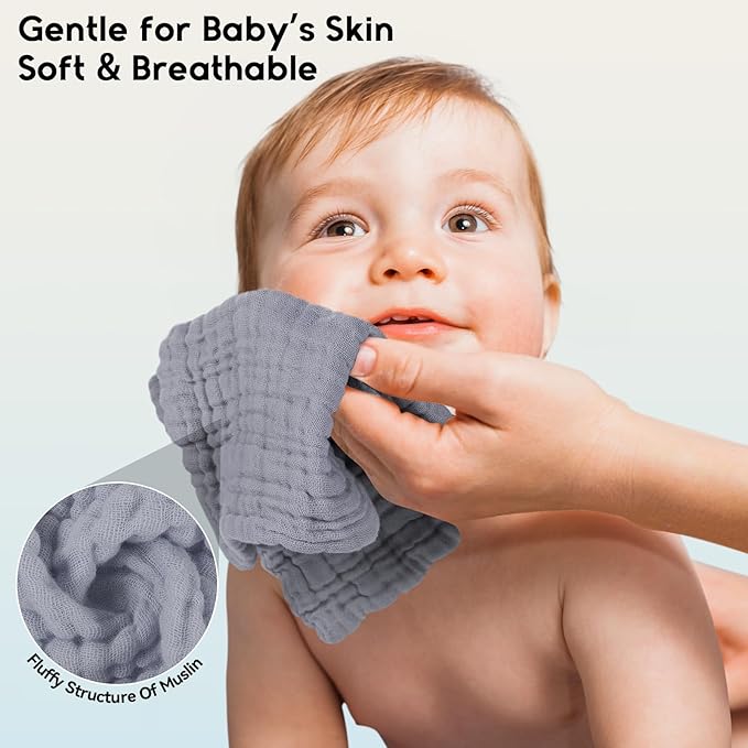 Muslin Baby Washcloths 6 Pack, 100% Cotton Wash Cloths for Babies, Large 12''X12'' Burp Cloths Absorbent and Soft for Newborn Infants Kids Boys Girls - White Gray