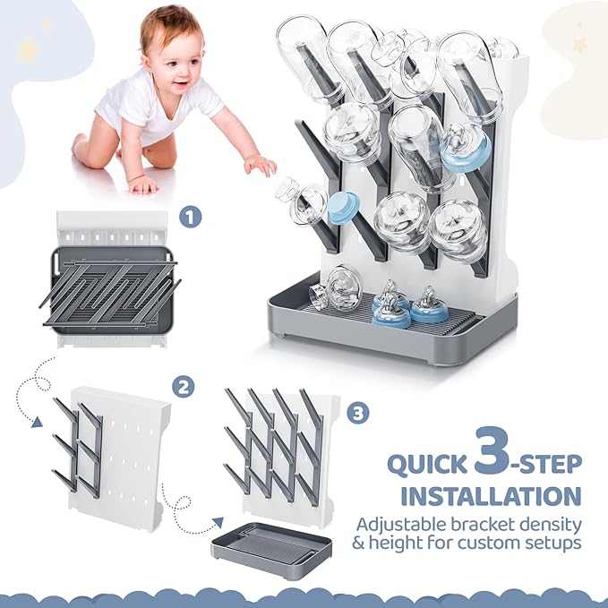 Baby Bottle Drying Rack, Baby Bottle Organizer for Countertop, Bottle Holder for Baby- Space Saving Standing Drying Rack for Baby Bottles and Pump Part Cleaning (Gray)