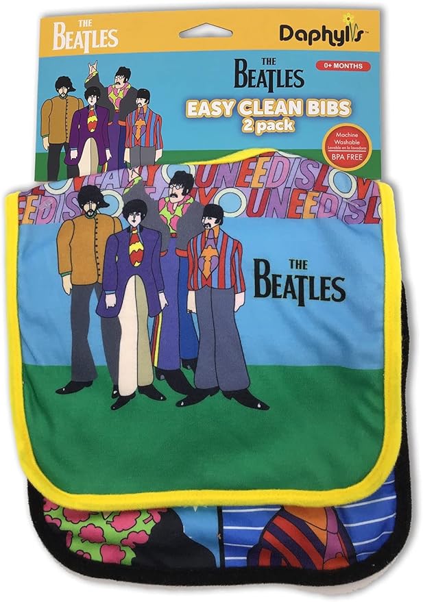 daphyls The Beatles All You Need Is Love Baby Bib 2-Pack Extra Soft, Officially Licensed, Easy Side Closure, Large Size Fits Infant Toddler and Baby