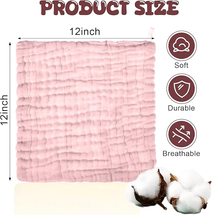 Breling 20 Pcs Baby Muslin Washcloth 12 x 12 Inch 100% Cotton Soft and Absorbent Muslin Washcloth Burp Cloth Wipe Newborn Face Towel for Baby Boy Girl Sensitive Skin(Pink, Bean Paste, Dark Pink)
