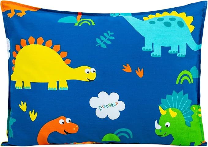 Toddler Pillow with 100% Organic Cotton Pillowcase 14x19, Cottonblue Kids Bedding Pillow for Sleeping, Machine Washable, Boys Pillow and Pillow Cover for Travel, Cot, Bed Set, Blue Dinosaur