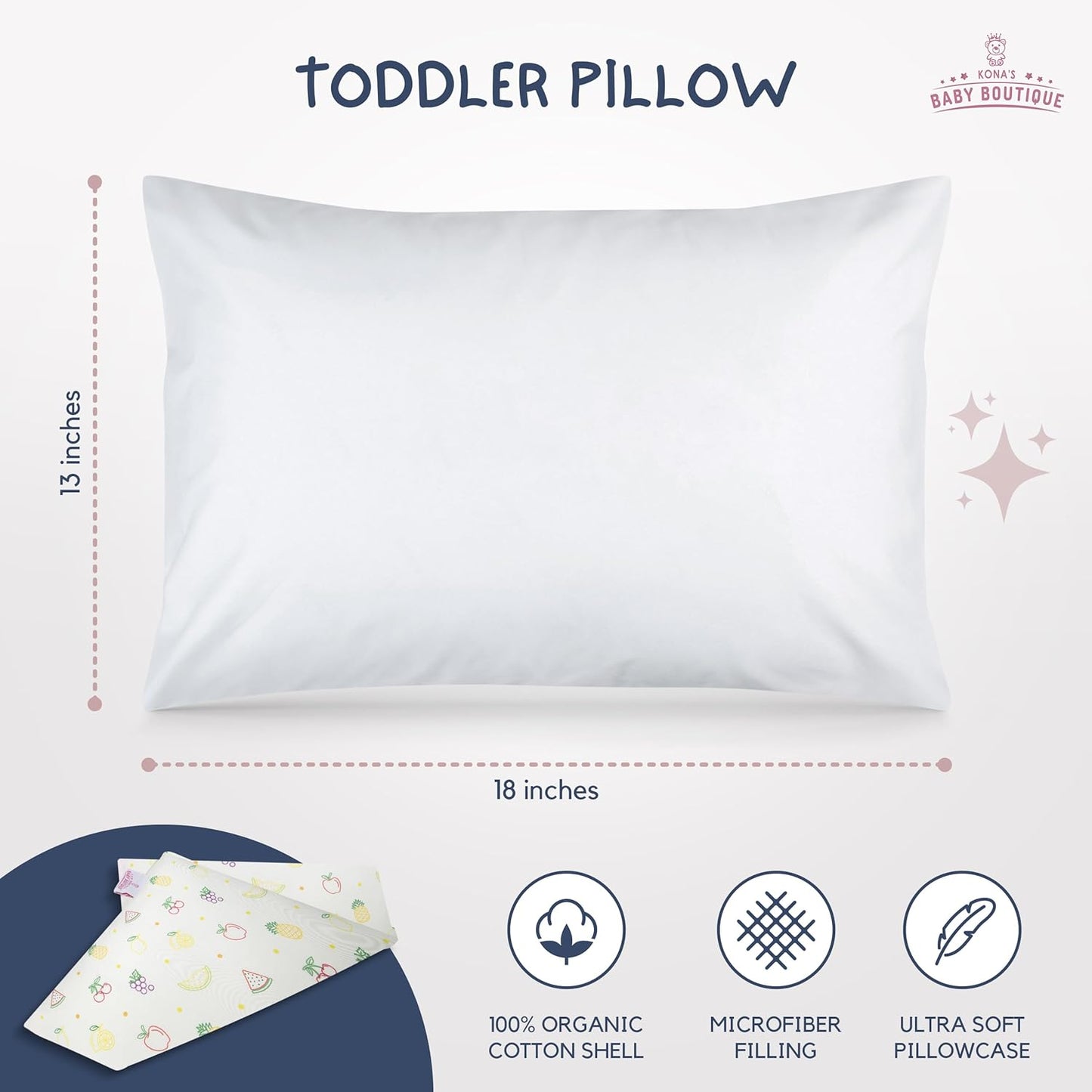 Yellow Fruits - Kona's Perfect Toddler Pillow with Softest Toddler Pillowcase - 13 x 18 inch Toddler Pillow - Toddler Pillow 2 Year Old, Toddler Pillow 3 Year Old