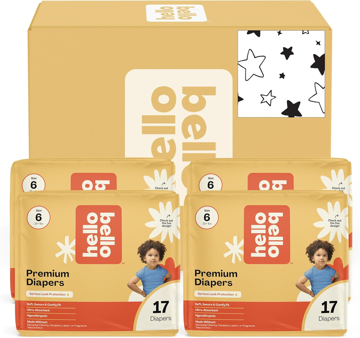 Hello Bello Diapers, Size 6 (35+ lbs) Superstars - 68 Count Value Pack of Premium Disposable Baby Diapers, Hypoallergenic with Soft, Cloth-Like Feel