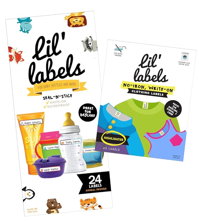 Lil' Labels Daycare Value Pack Bottle and Clothing Labels, Waterproof, Animal Friend, Highlighter