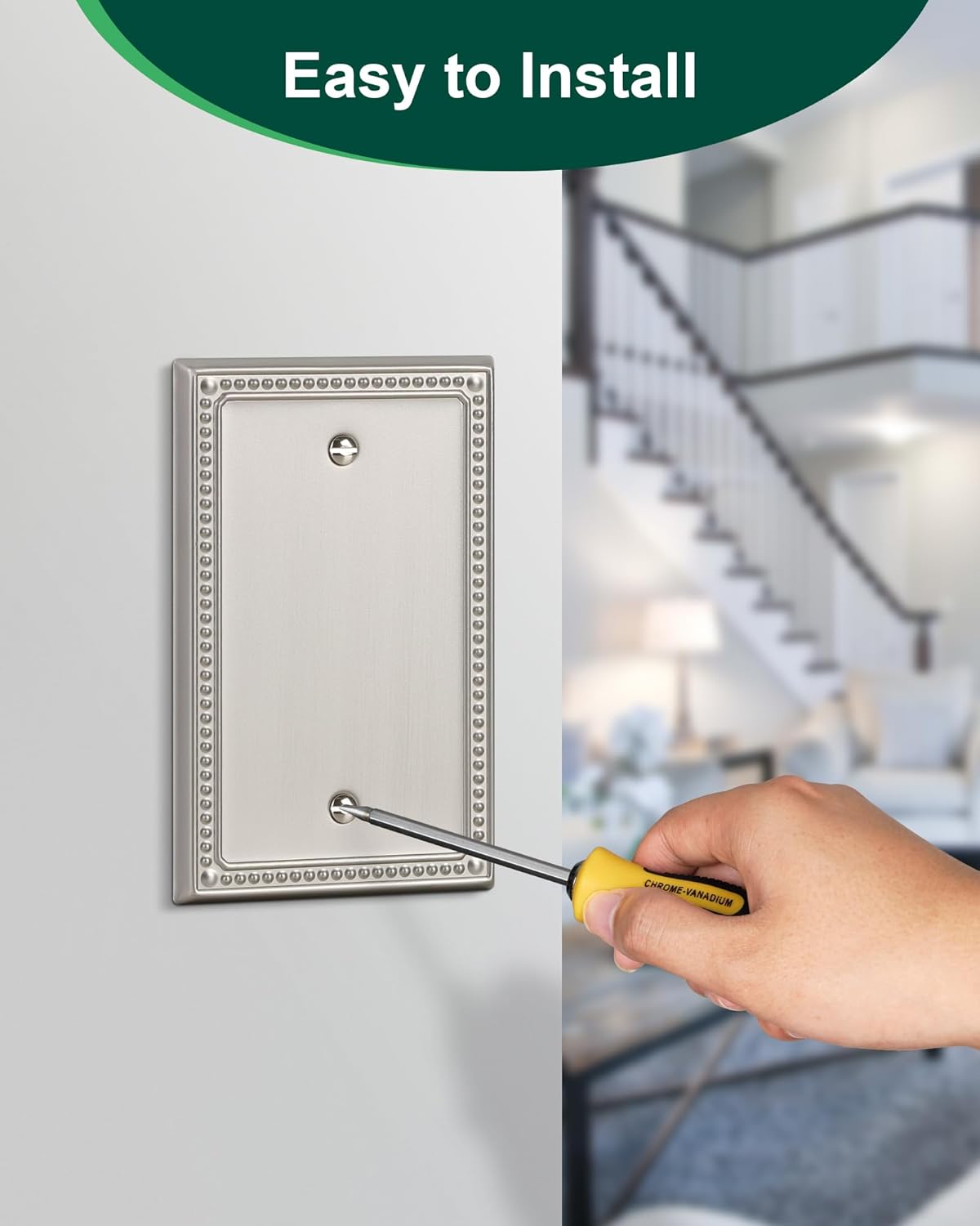 2-Pack Blank Outlet Cover Wall Plate, Metal Switch Plates Outlet Covers, Brushed Nickel Pearls Beaded Decorative Wall Plates