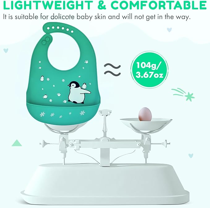 Silicone Baby Bibs Unisex, Self-Feeding, Catch-all Large Pocket, 6-48 months, BPA-Phthalate Free, w/Travel Case