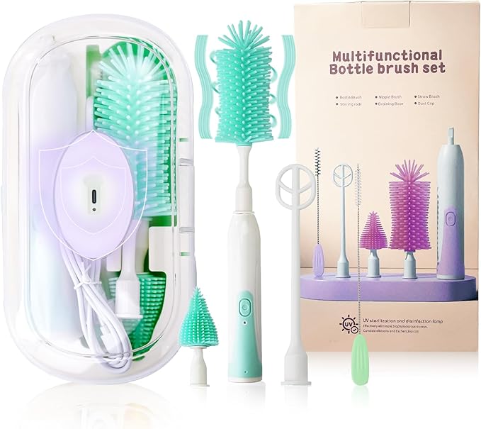 Electric Bottle Brush,Electric Baby Bottle Brush Set with Silicone Bottle/Pacifier/Straw Brush and Mixing Head, Water Bottle Cleaner Brush with Drying Rack, 2 Modes & 360° Rotation (Green)