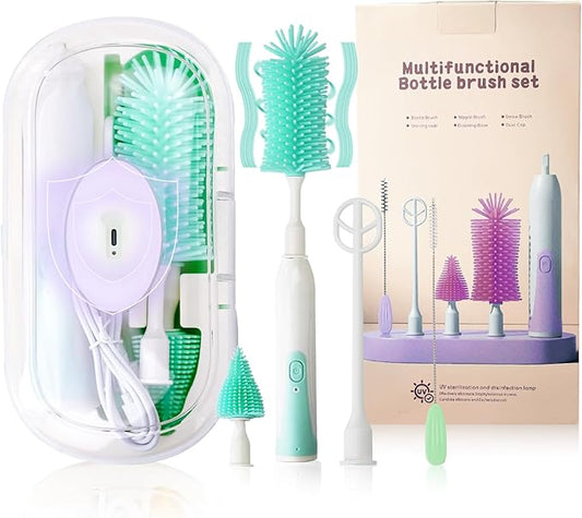 Electric Bottle Brush,Electric Baby Bottle Brush Set with Silicone Bottle/Pacifier/Straw Brush and Mixing Head, Water Bottle Cleaner Brush with Drying Rack, 2 Modes & 360° Rotation (Green)