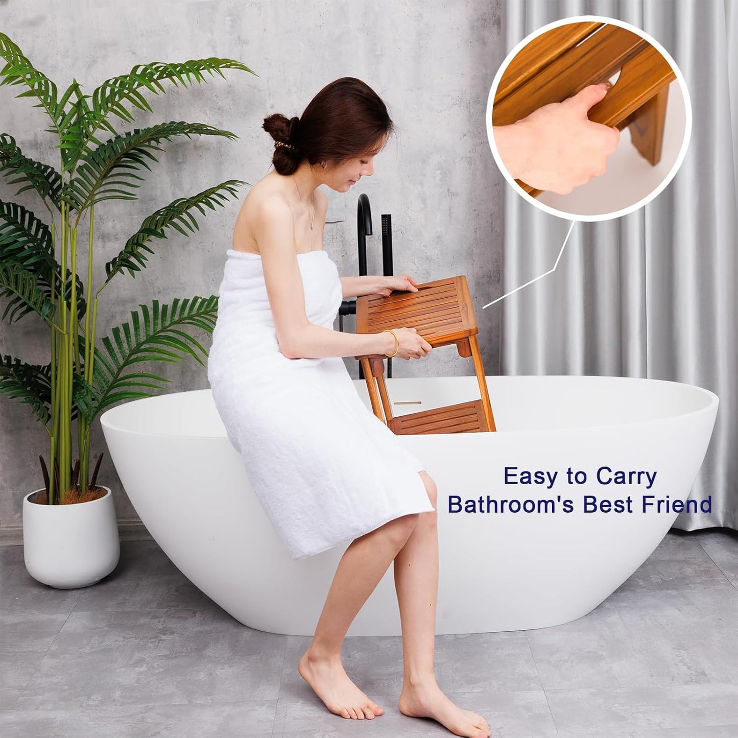 14" Compact Teak Shower Stool with Shelf & Handle - Waterproof, Non-Slip Bath Bench for Small Bathrooms/Outdoor Use, 300 lbs Capacity (Patented)