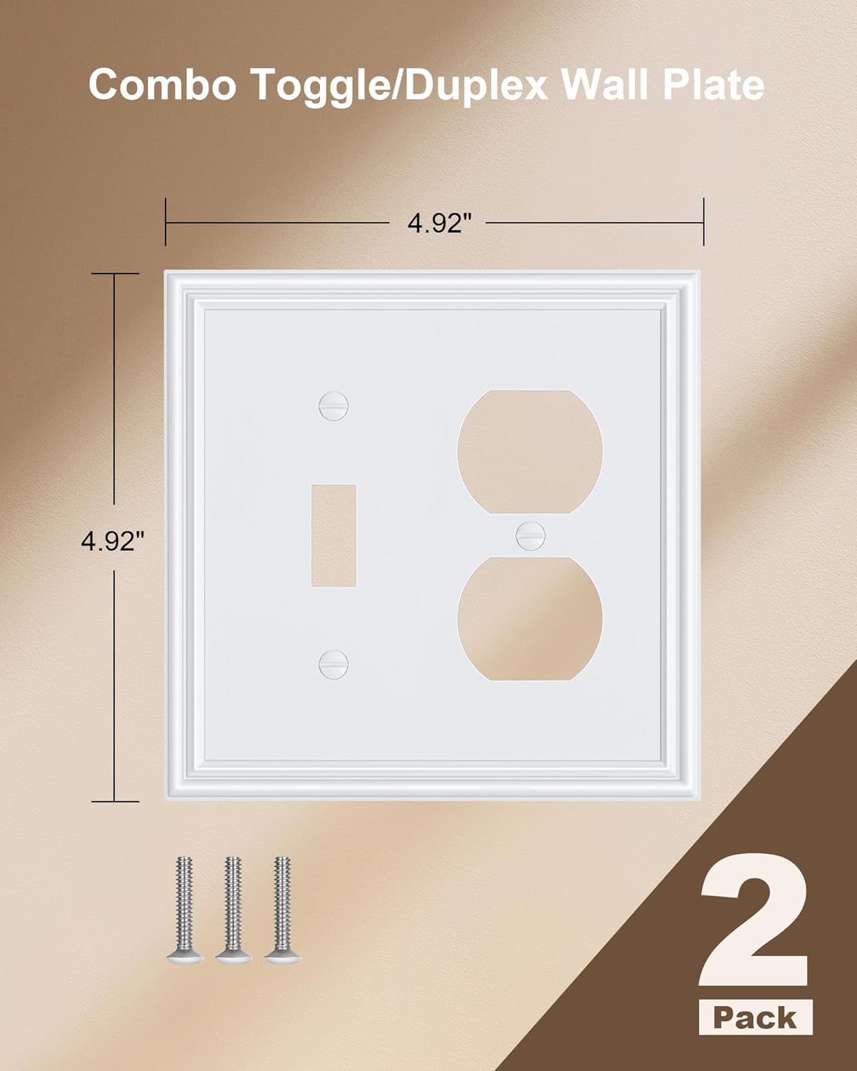 2-Pack Combo Toggle/Duplex Light Switch Cover Plate, Pure White Wall Outlet Cover Plate, Decorative Wall Receptacle Cover for Electrical Outlets, Light Switch, Durable Solid Zinc Alloy