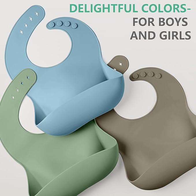 Cuddle Campus Set of 3 Silicone Bibs for Babies & Toddlers,Soft Adjustable Bibs with Pocket Food Catcher for Baby Girl,Boy