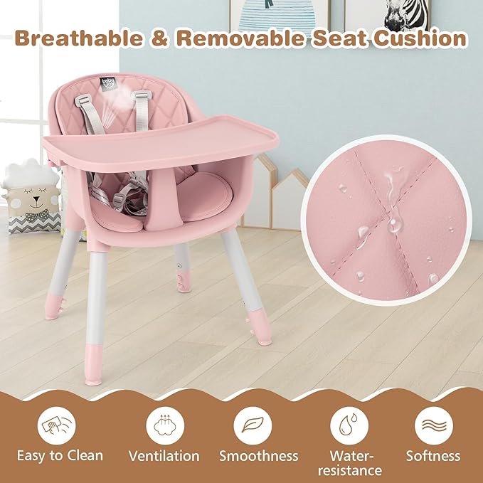 BABY JOY High Chair, 5 in 1 Convertible Highchair for Babies & Toddlers | Booster Seat | Table and Chair Set | Infant Feeding Chair with Removable Tray, Safety Harness, Removable Cushion (Pink)